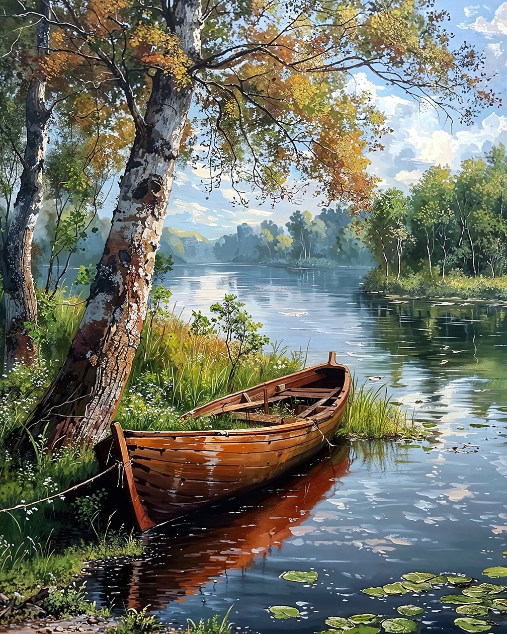 Una feluca en un tranquilo lago arbolado, decoración de pared para dormitorio de F. Abderrahim