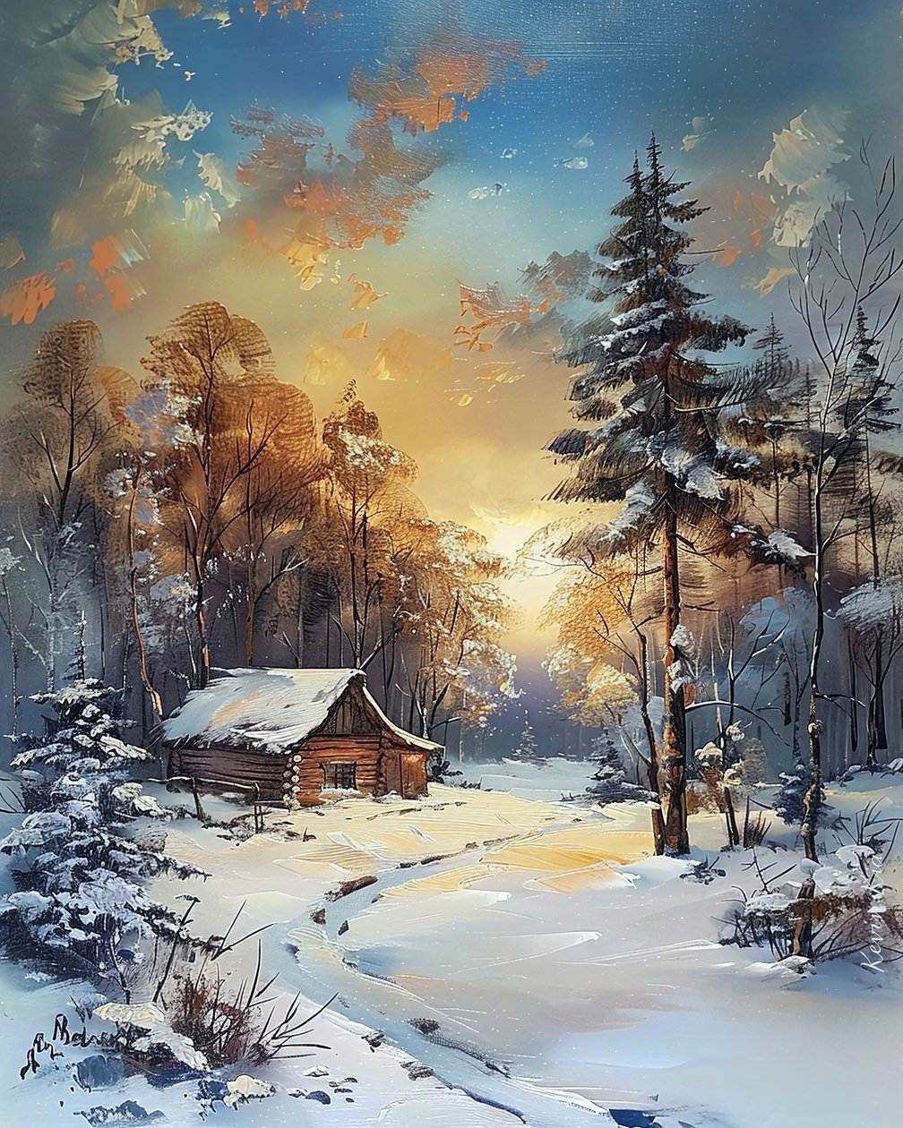 Cabaña en medio de un bosque y la nieve, paisaje de invierno decoración de la pared de F. Abderrahim