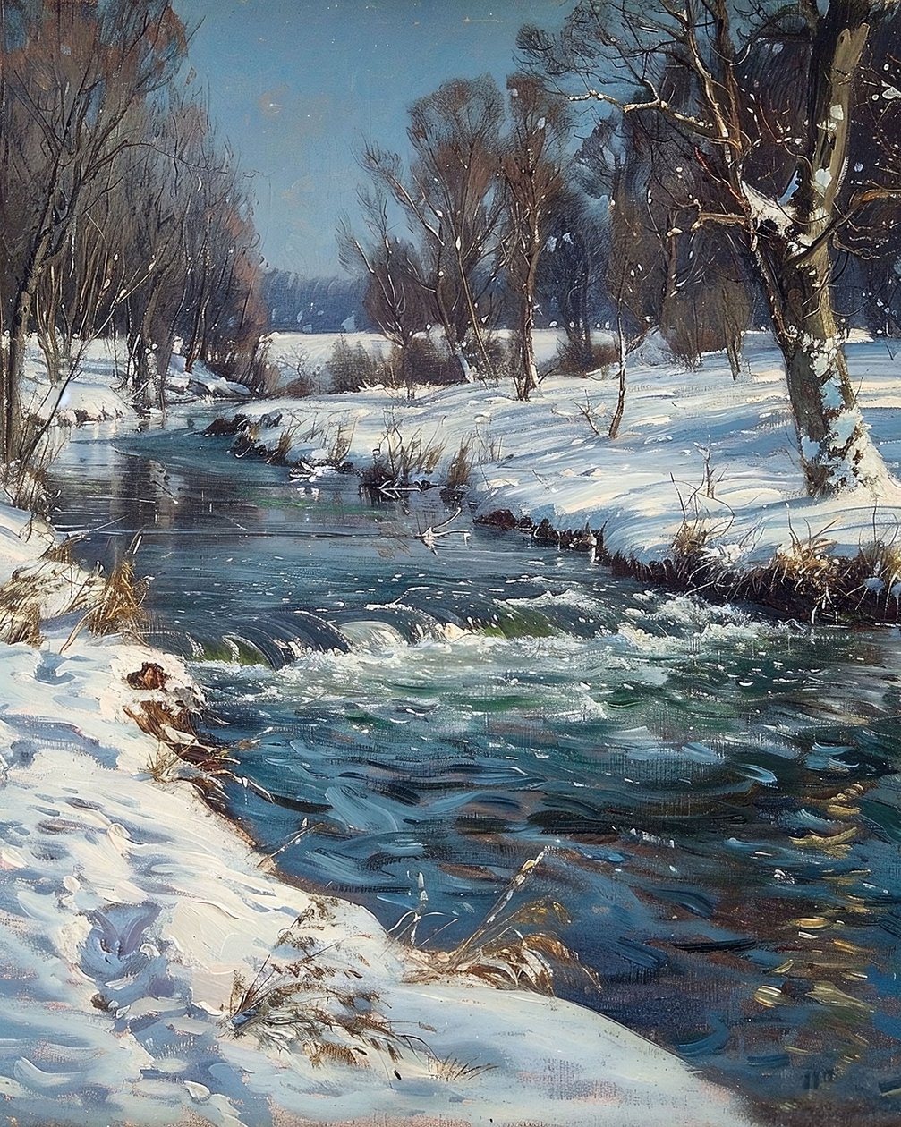 Paisaje de un arroyo en invierno y nieve, ideas de decoración de pared de F. Abderrahim