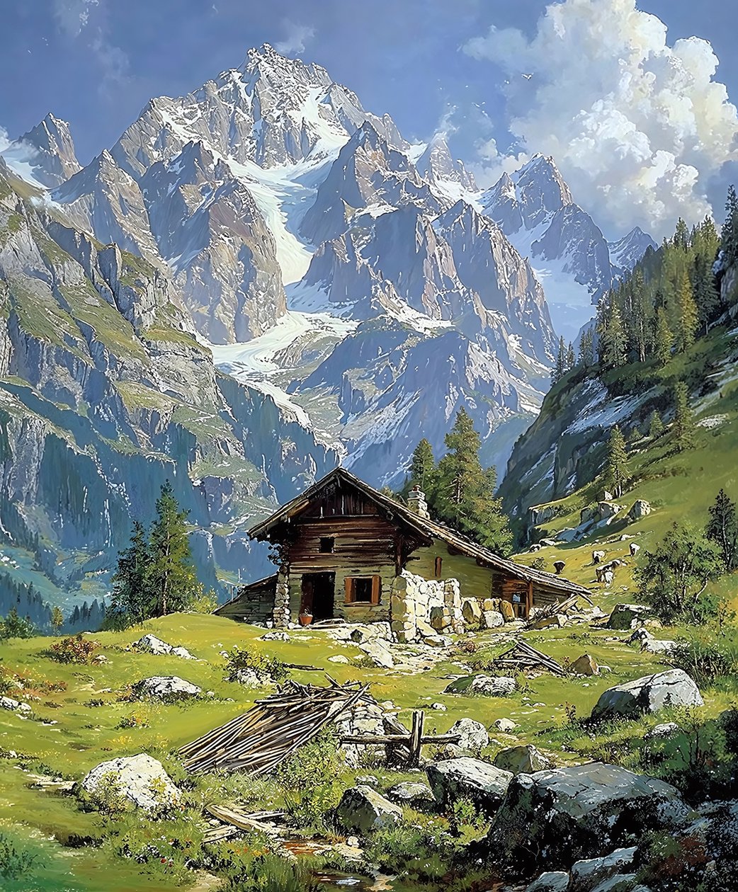 Cabaña de troncos en los Alpes suizos en primavera, decoración de pared para cocina de F. Abderrahim