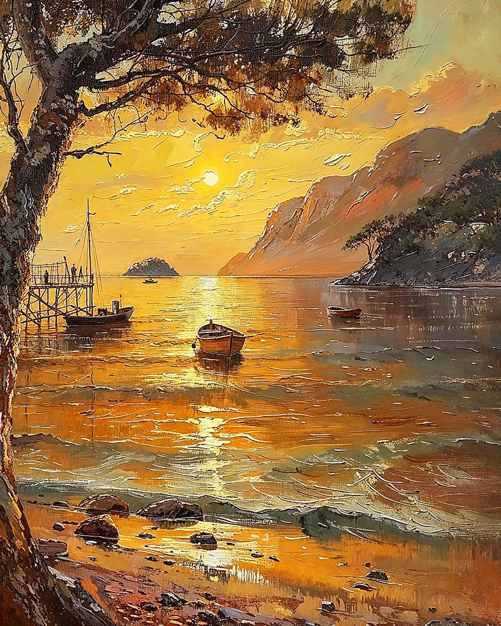 Playa y barcos, puesta de sol al atardecer, Wall Decor for sale de F. Abderrahim