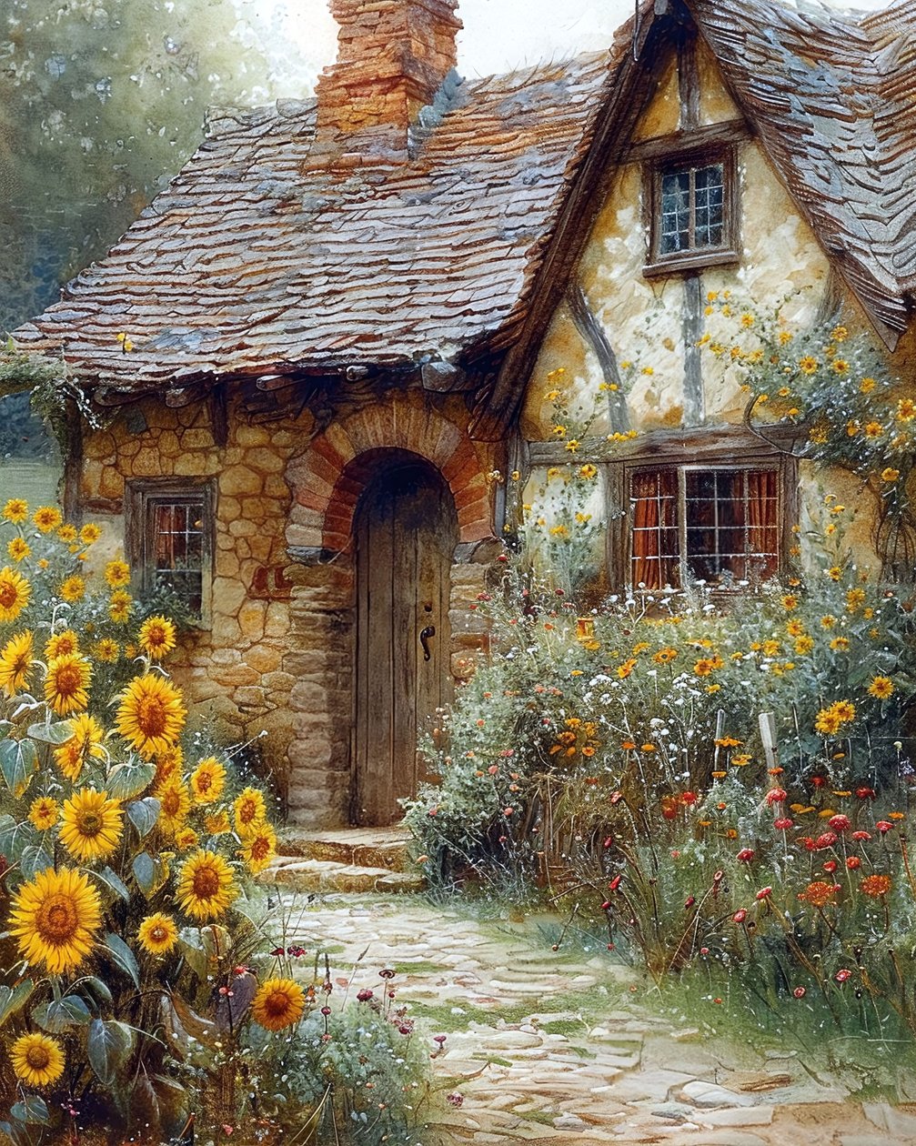 Jardín de una casa medieval con girasoles, ideas de decoración de pared de F. Abderrahim