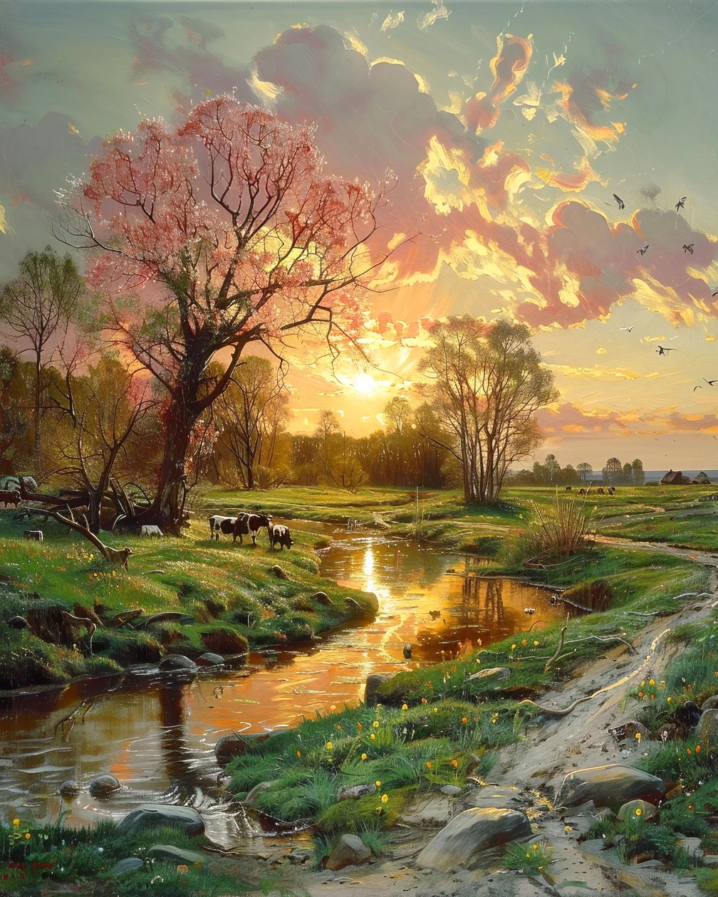 Hermoso Paisaje al Atardecer, Lienzo para Decoración de Pared Paisaje Moderno de F. Abderrahim