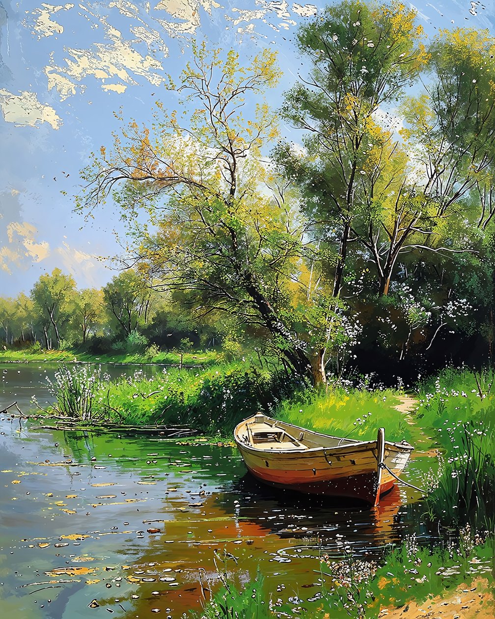 Barco en la orilla de un lago con agua clara, paisaje decoración de la pared de F. Abderrahim