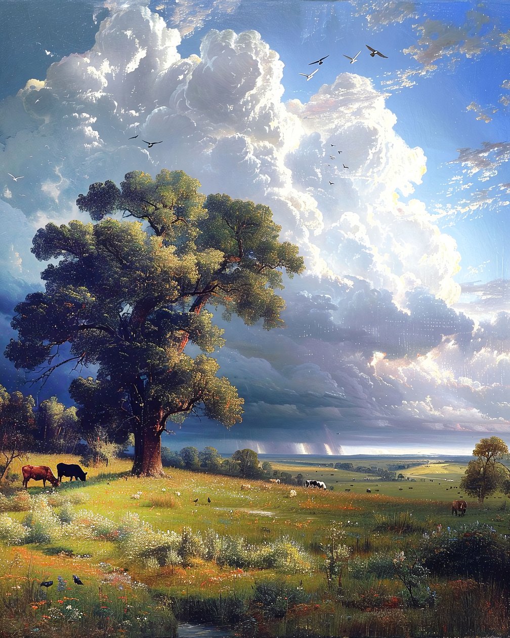 Paisaje con prados iluminados por el sol, Decoración de pared enmarcada para dormitorio de F. Abderrahim