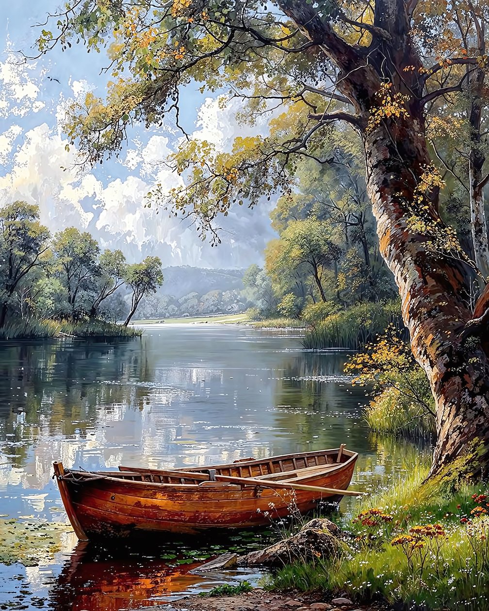 Un barco anclado en la orilla de un río en medio de un bosque de F. Abderrahim