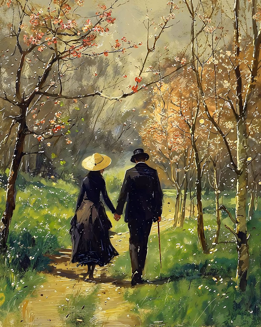 Un hombre y una bella mujer enamorados pasean en medio de un bosque de F. Abderrahim