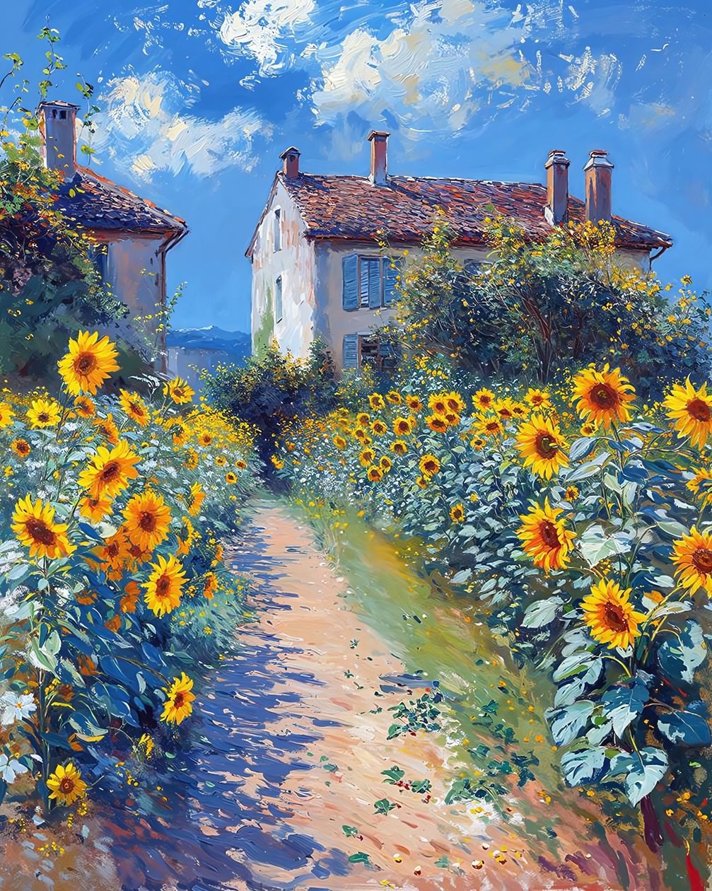 Campo de girasoles junto a un pueblo tradicional, ideas de decoración de paredes modernas de F. Abderrahim