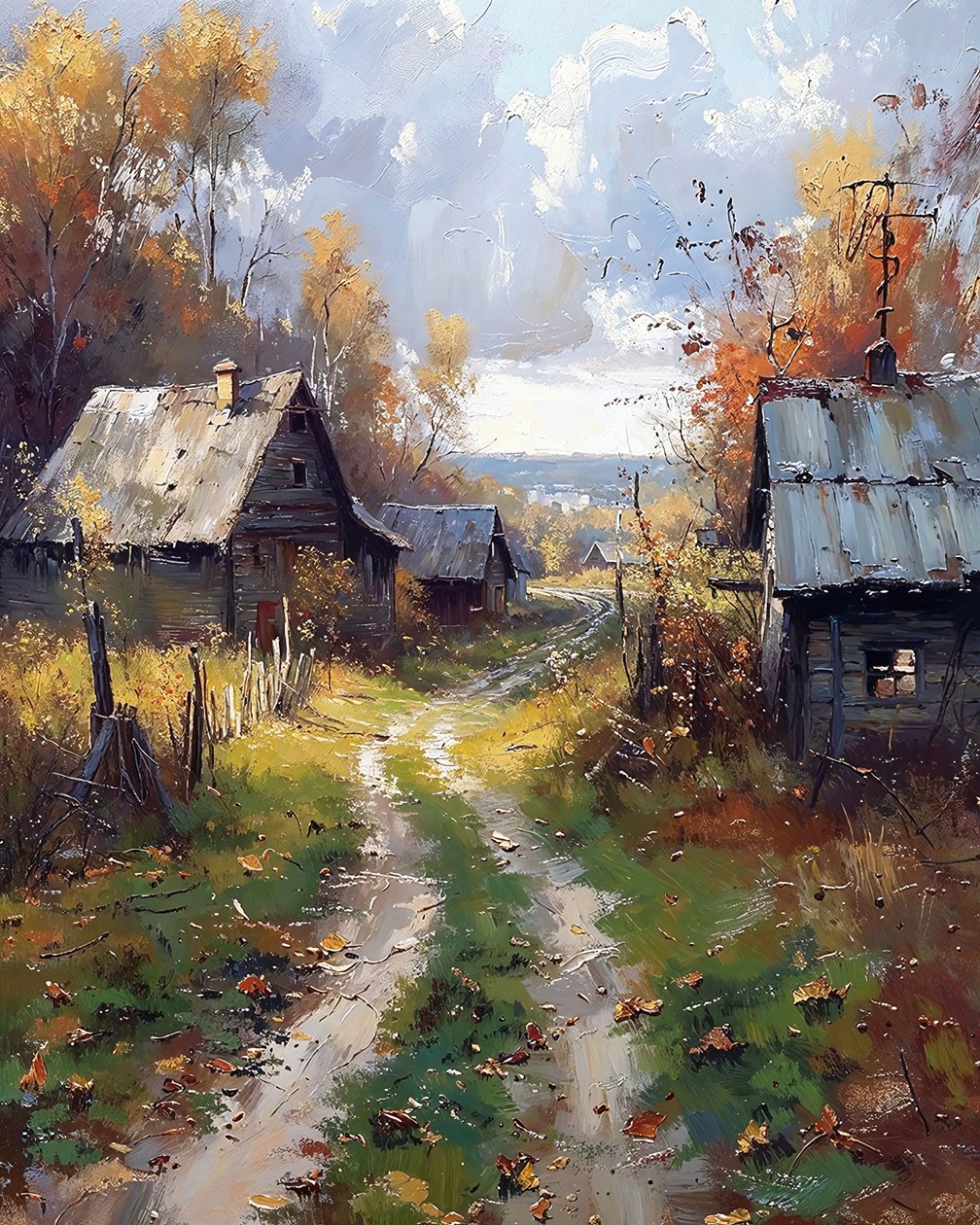Un camino rural entre cabañas de madera, decoración de pared para dormitorio de F. Abderrahim