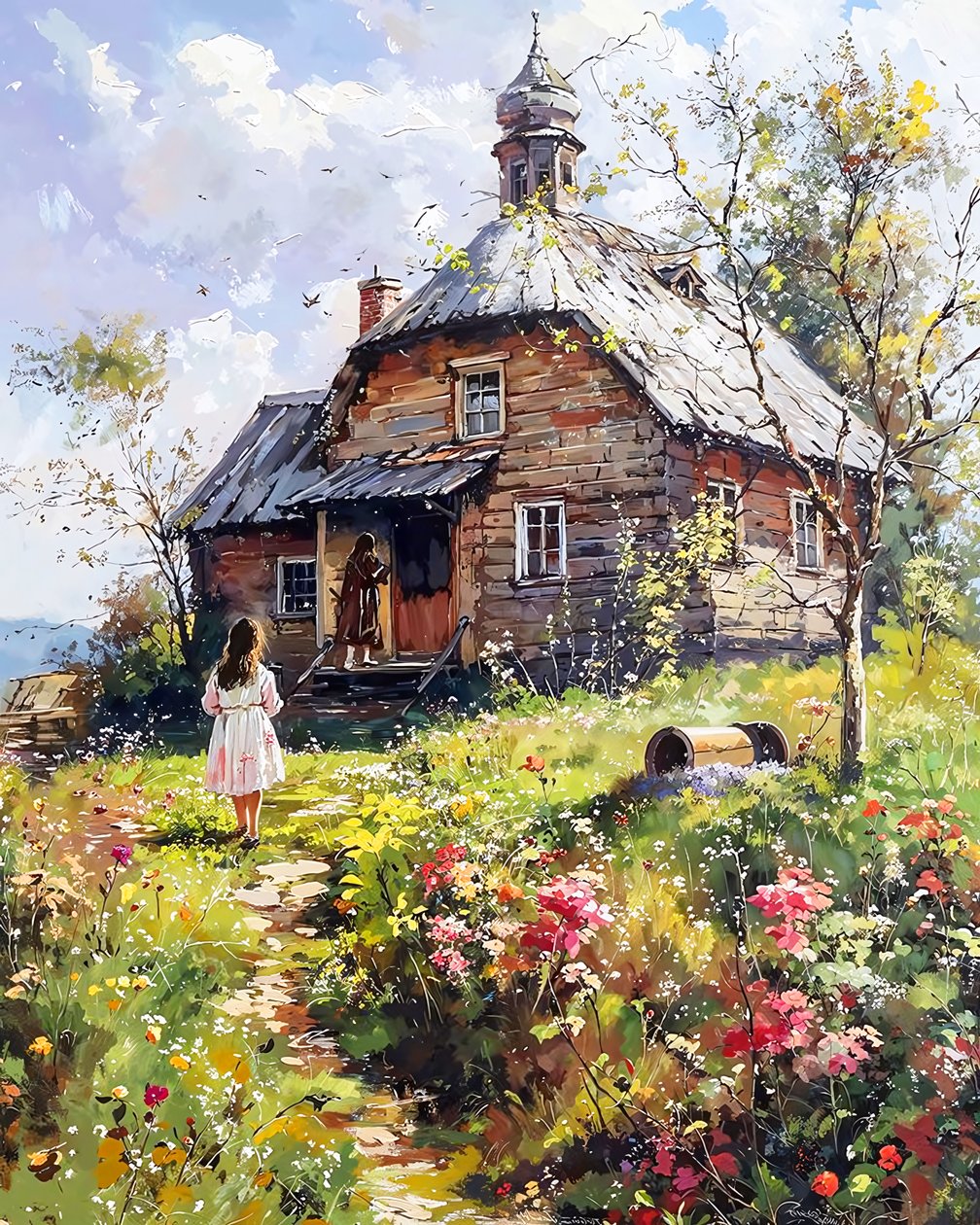 Una niña y su madre delante de una casa de madera, pared Decor de F. Abderrahim