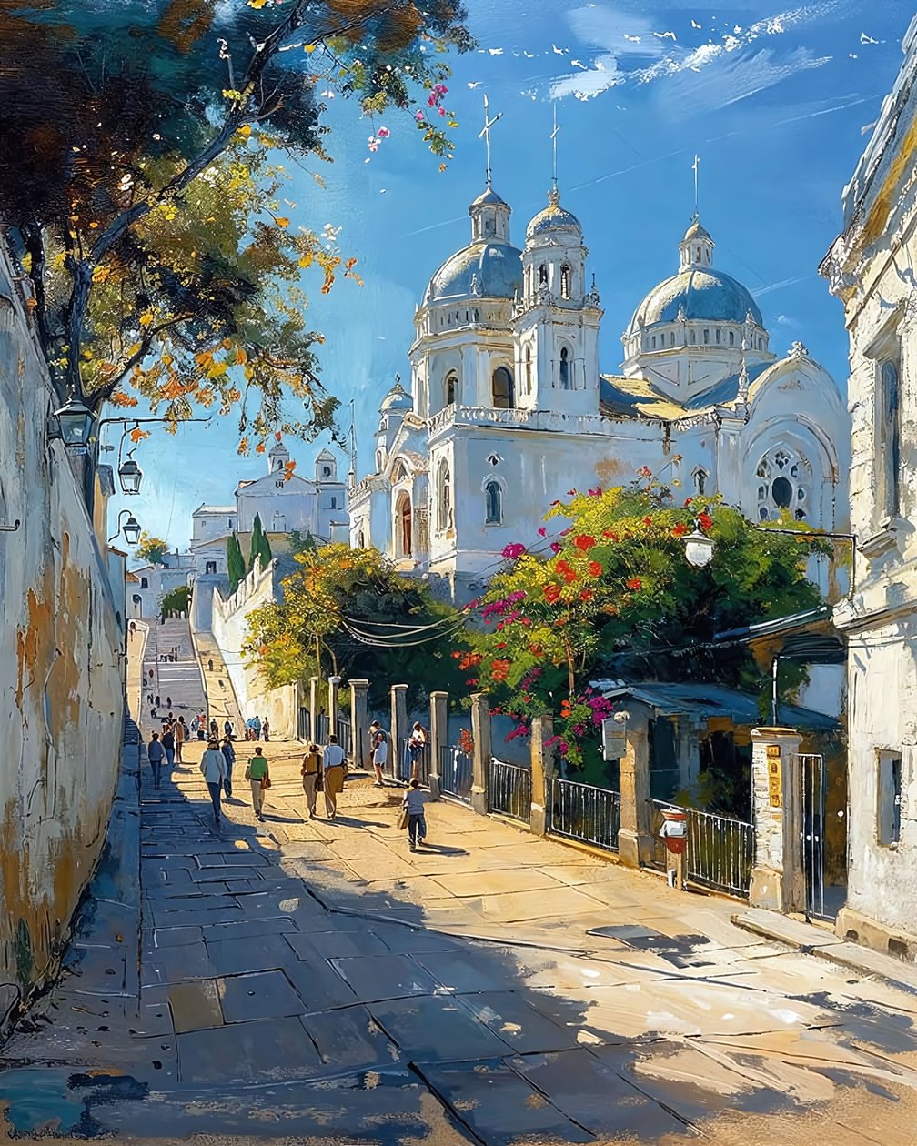 Una calle en el centro de una ciudad mediterránea, monumento mural blanco de F. Abderrahim