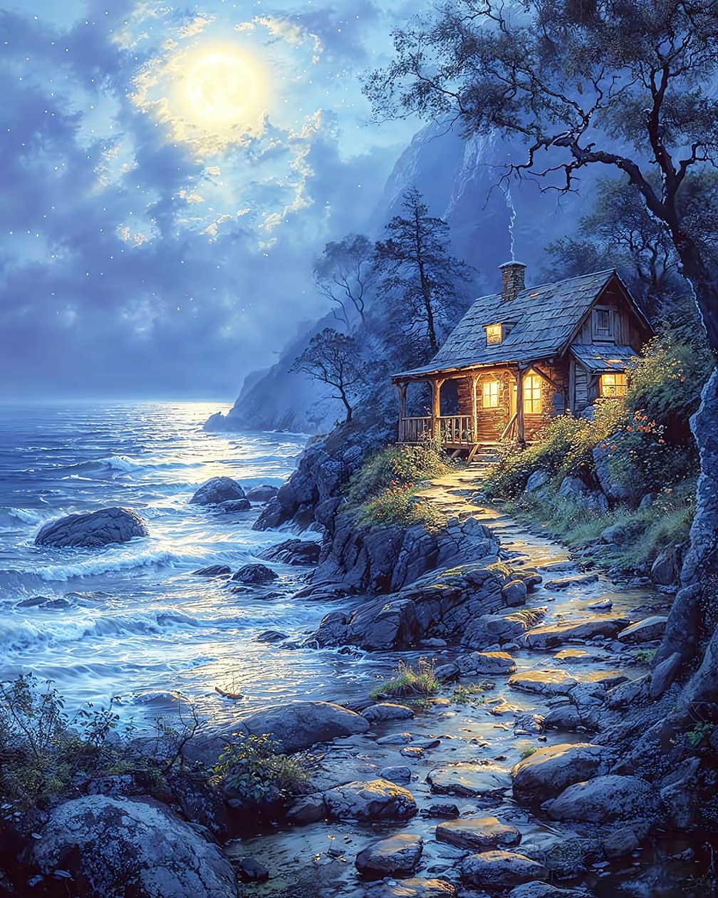 Casa al borde de un lago bajo la luz de la luna, colores azules, impresiones en lienzo de F. Abderrahim
