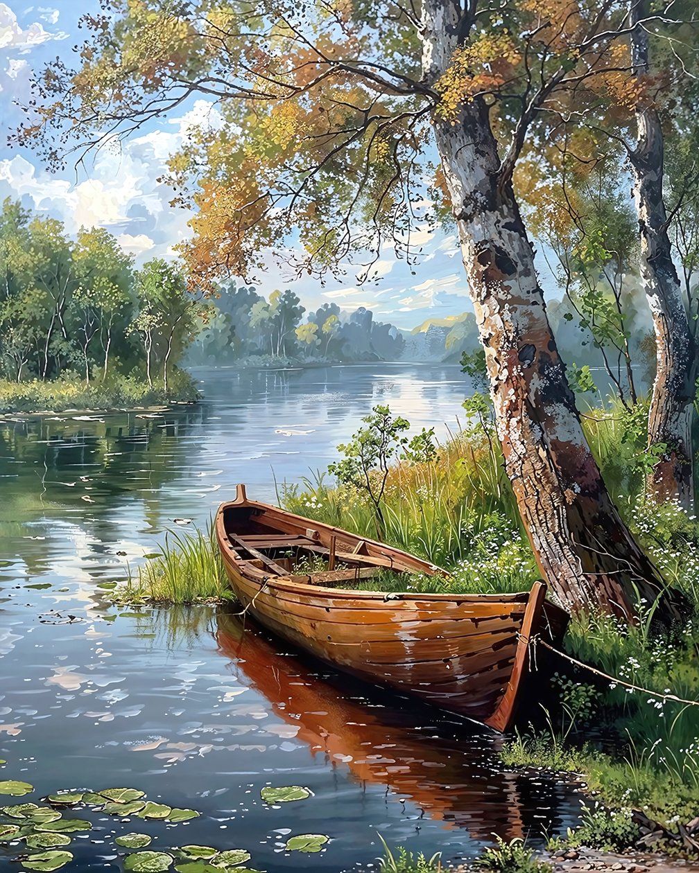 Hermoso paisaje con un río y un barco, lienzo para decoración de pared Paisajes urbanos de F. Abderrahim