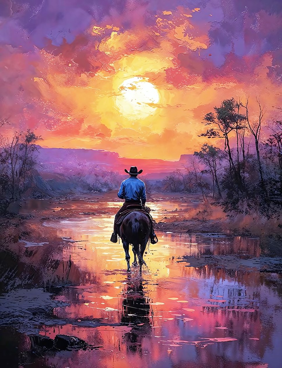 caballero del oeste en un paisaje rojo atardecer, decoración de pared para sala de estar de F. Abderrahim