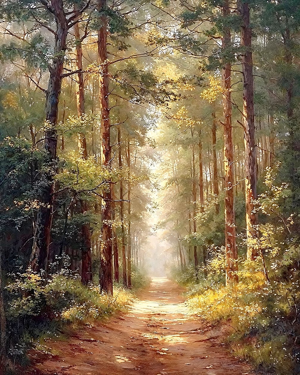Camino largo en bosque de árboles altos, decoración clásica de pared de F. Abderrahim
