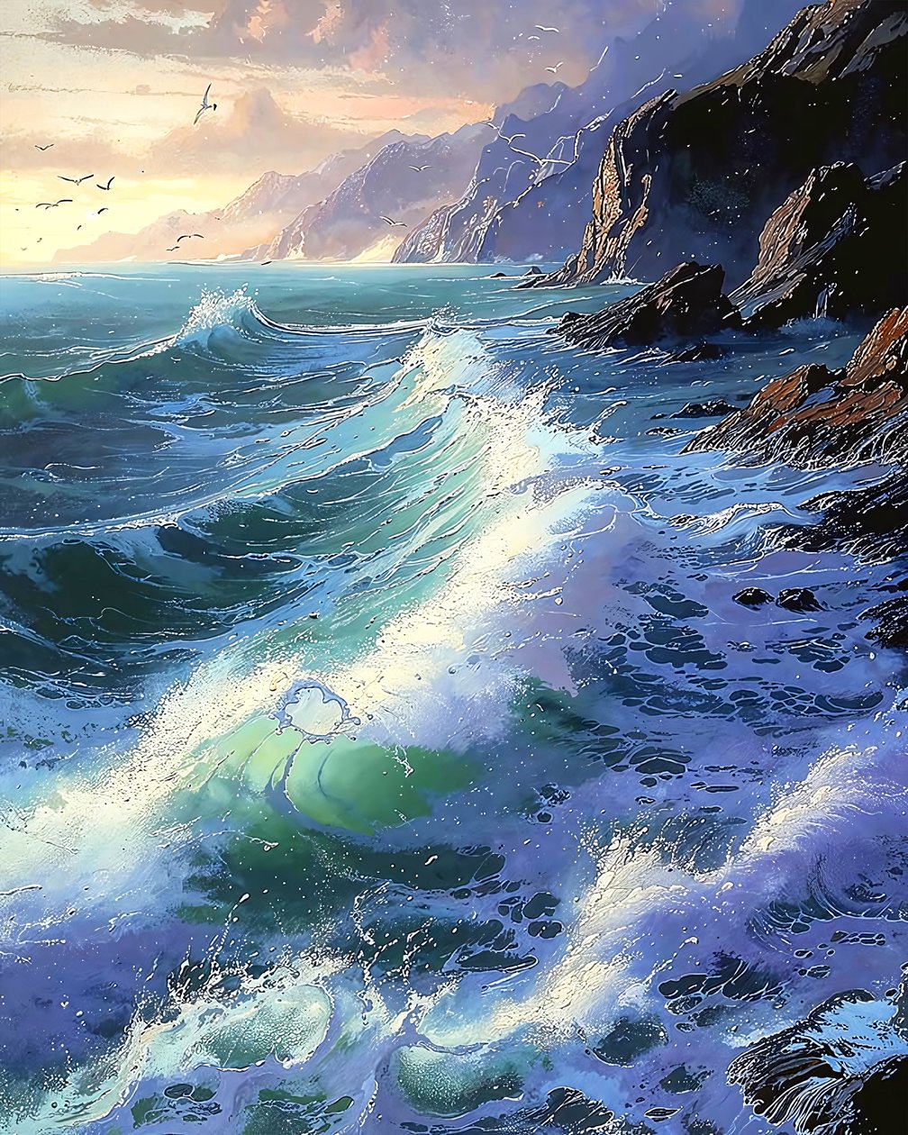 Olas embravecidas rompiendo en las rocas, decoración de pared para dormitorio de F. Abderrahim
