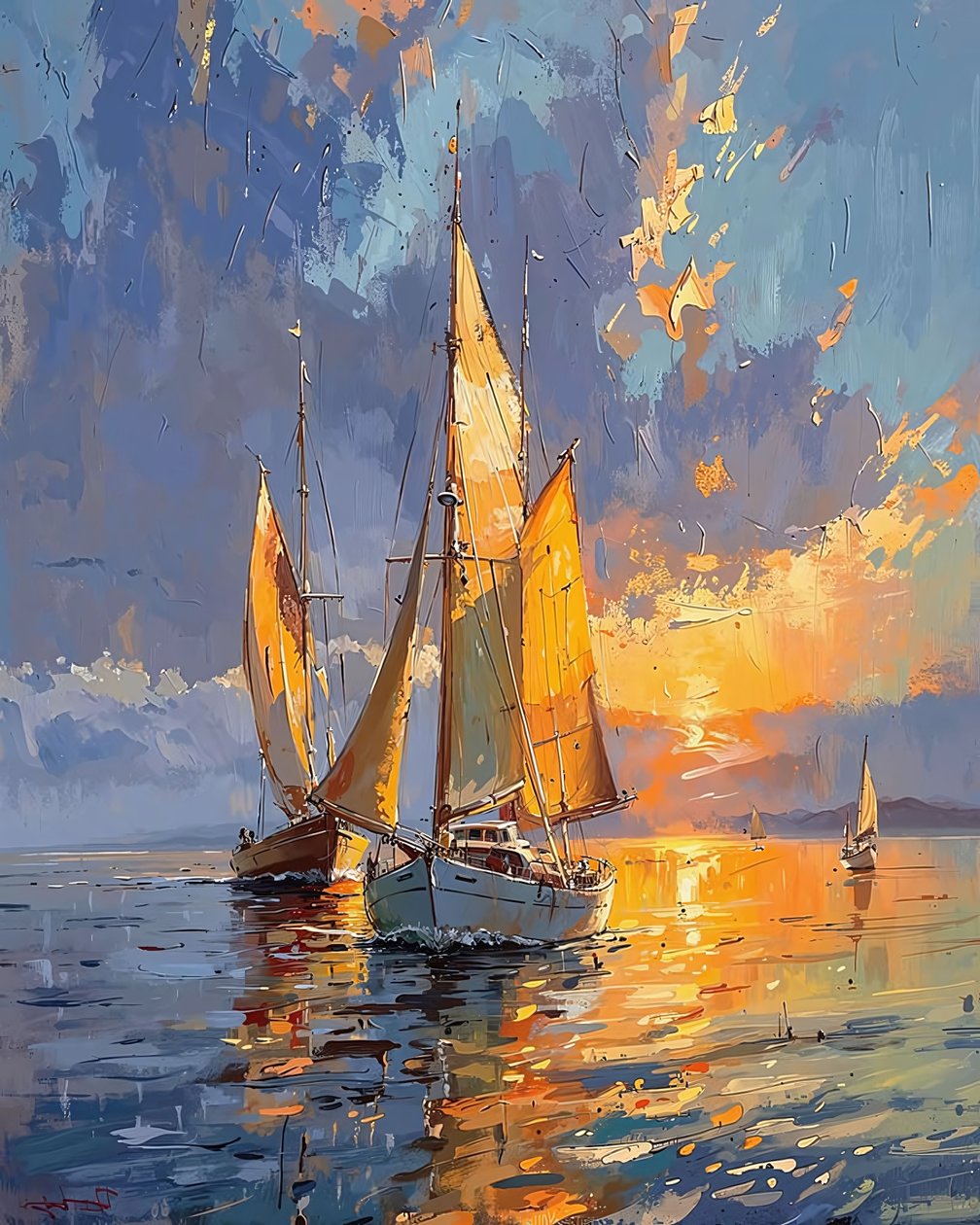 Barcos de vela en el mar al atardecer, decoración de pared para dormitorio de F. Abderrahim