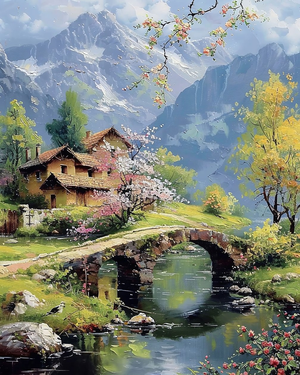 Hermoso paisaje con un lago, decoración de pared y lienzos de F. Abderrahim