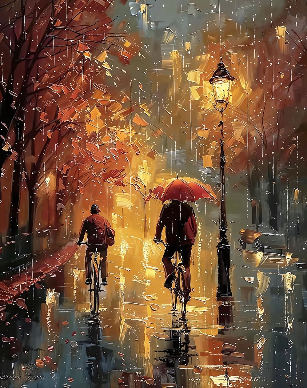 Ciclistas en bicicleta en medio de una calle bajo la lluvia, Decoración de pared para habitación de F. Abderrahim