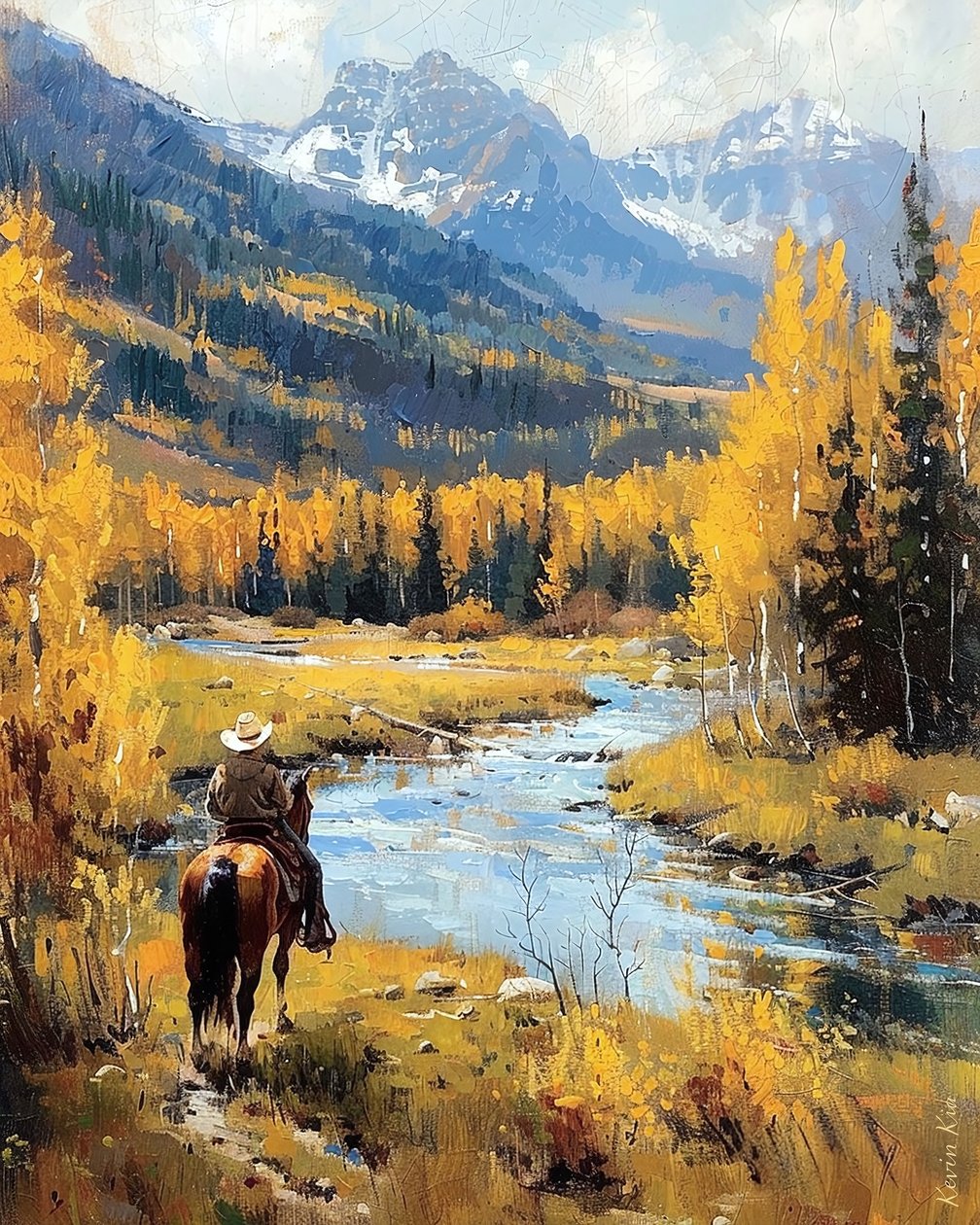Caballero a caballo en paisaje de colinas exuberantes, Decoración de pared en venta de F. Abderrahim