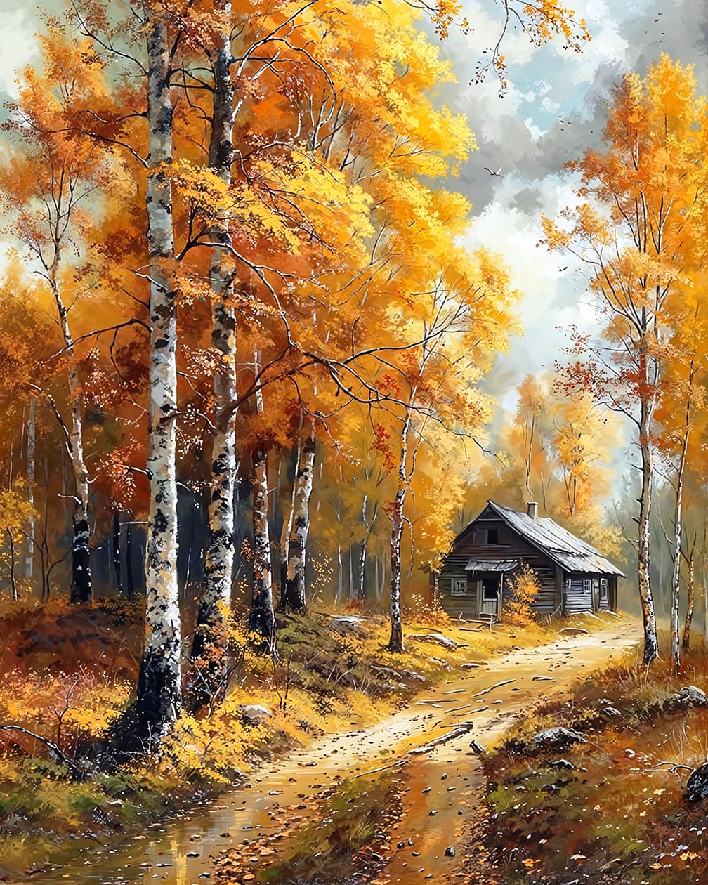 Casa tradicional en un bosque de abedules, decoración de pared para dormitorio de F. Abderrahim
