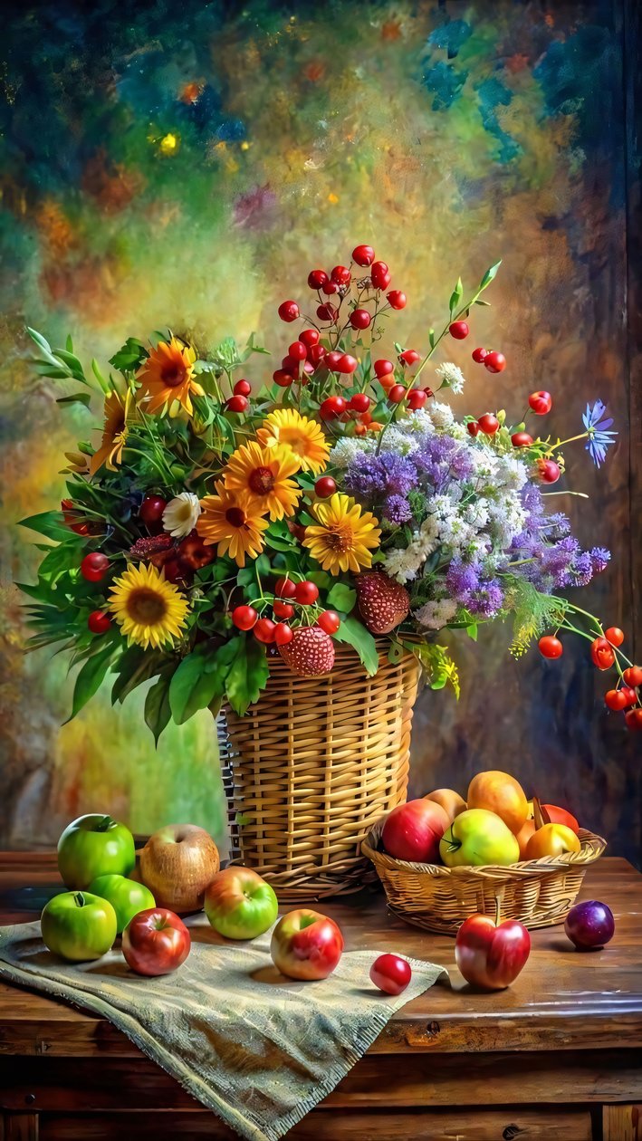 impresión en lienzo, una cesta de frutas y verduras con un ramo y rosas, de F. Abderrahim