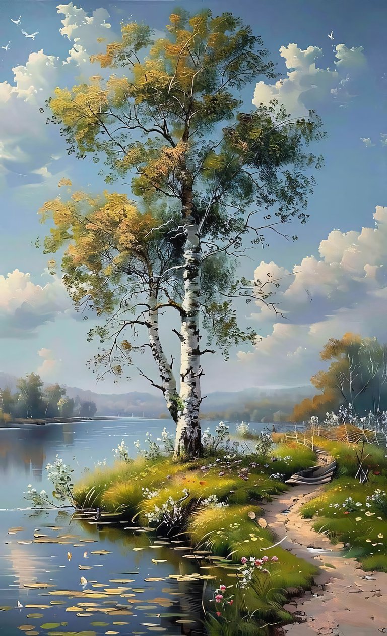 Árboles y arroyos que se extienden hasta el horizonte, un paisaje de colores vivos de F. Abderrahim