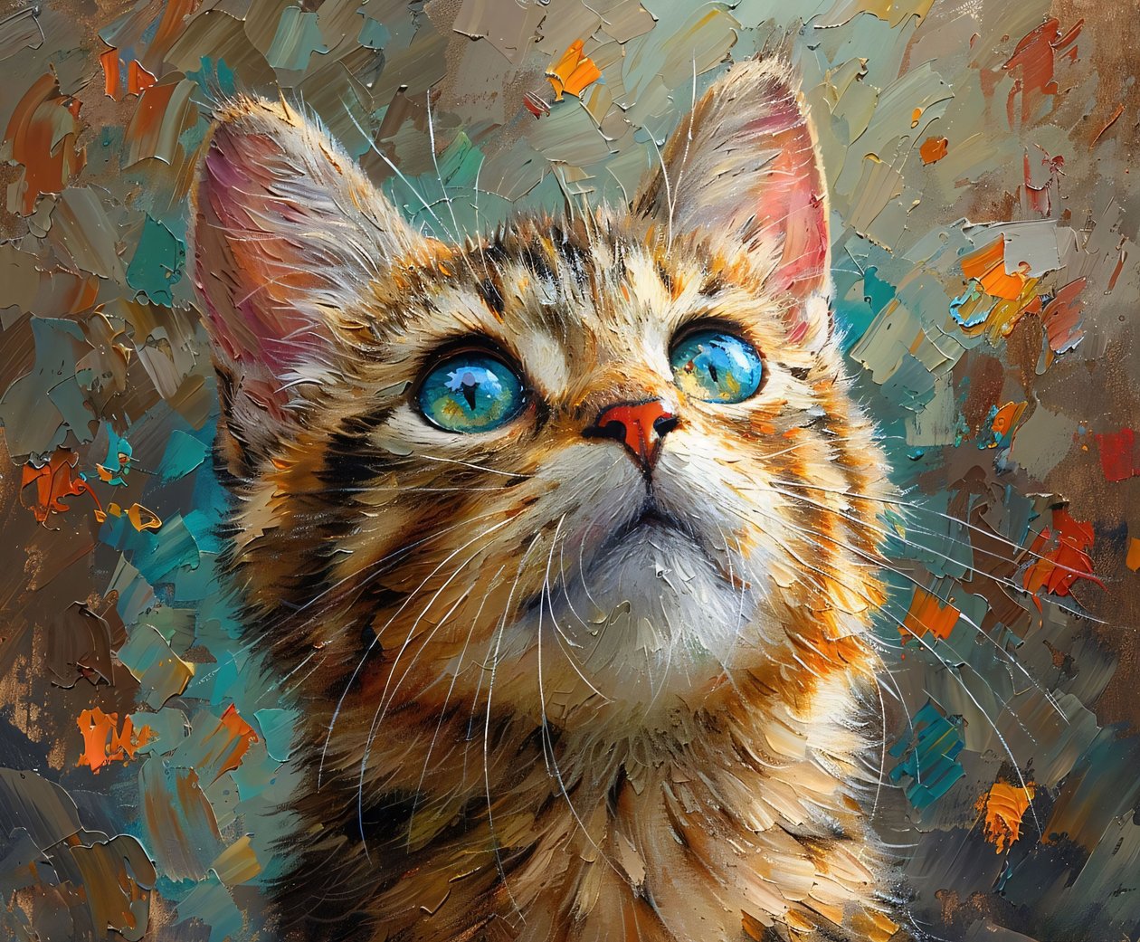 Un lindo gato con ojos azules mirando hacia arriba, de cerca la cara de los animales, decoración de la pared de F. Abderrahim