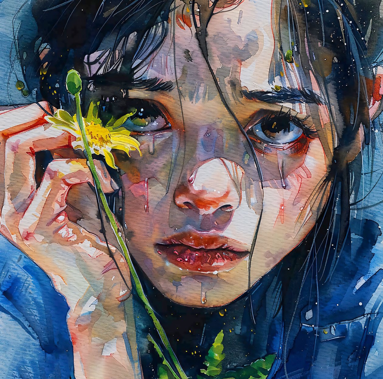Una niña acaricia una flor amarilla, retrato en primer plano, impresión en lienzo online de F. Abderrahim