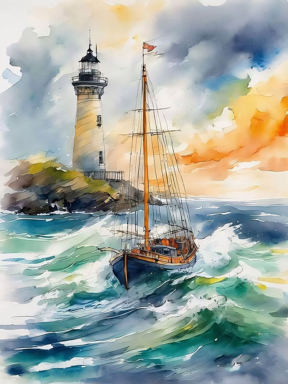 Un faro, las olas y un barco en las olas del mar Pintura, decoración de la pared moderna de F. Abderrahim