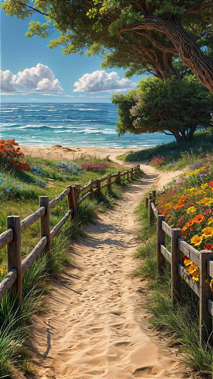 Un camino de arena conduce a una hermosa playa con una valla de madera y flores de colores de F. Abderrahim