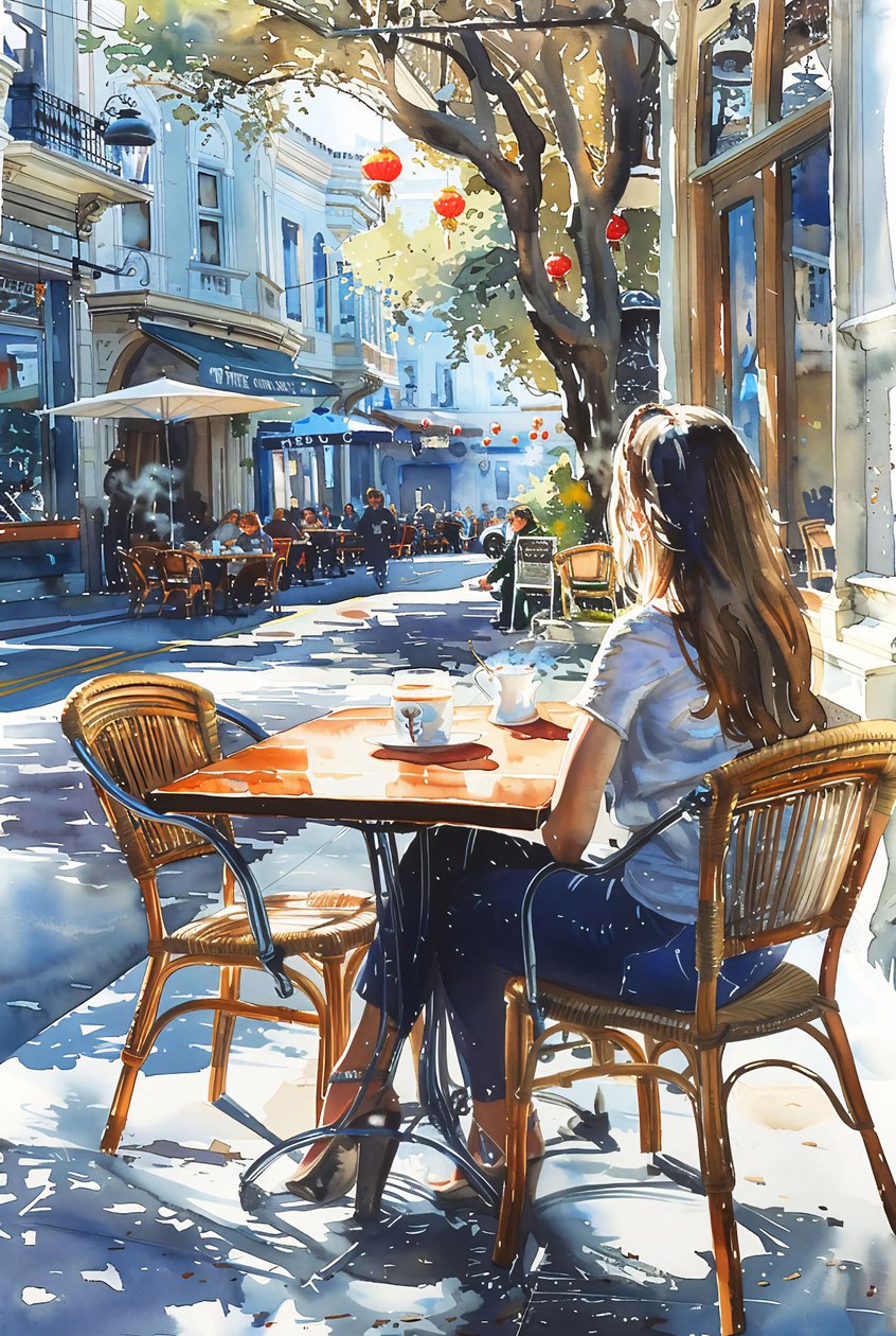 Una mujer sentada en una silla en un café de una calle de París, decoración de pared enmarcada de F. Abderrahim