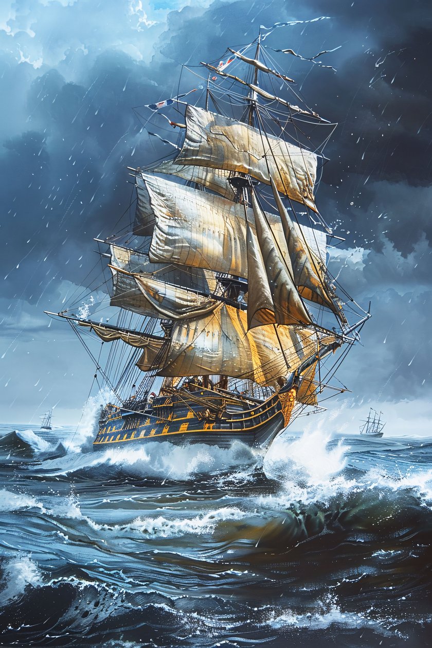 Un óleo de una fragata a toda vela entre las olas de un mar embravecido de F. Abderrahim