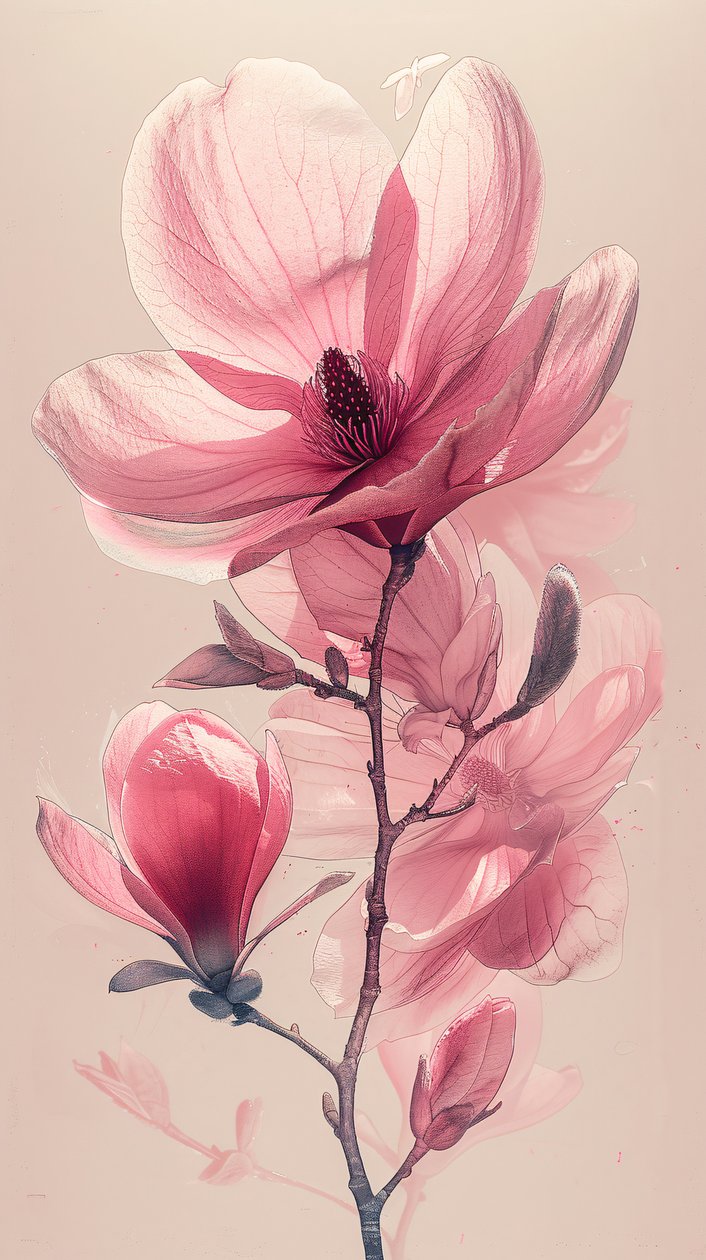 Dibujo minimalista de una sola línea, flores rosas y grises, decoración botánica de pared de F. Abderrahim