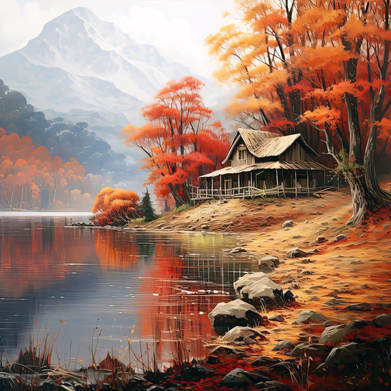 Pintura de una cabaña en el bosque junto a un río, decoración de pared para dormitorio de F. Abderrahim