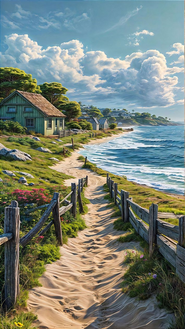 Un camino de arena conduce a un pueblecito junto al mar, ideas para decorar paredes de F. Abderrahim
