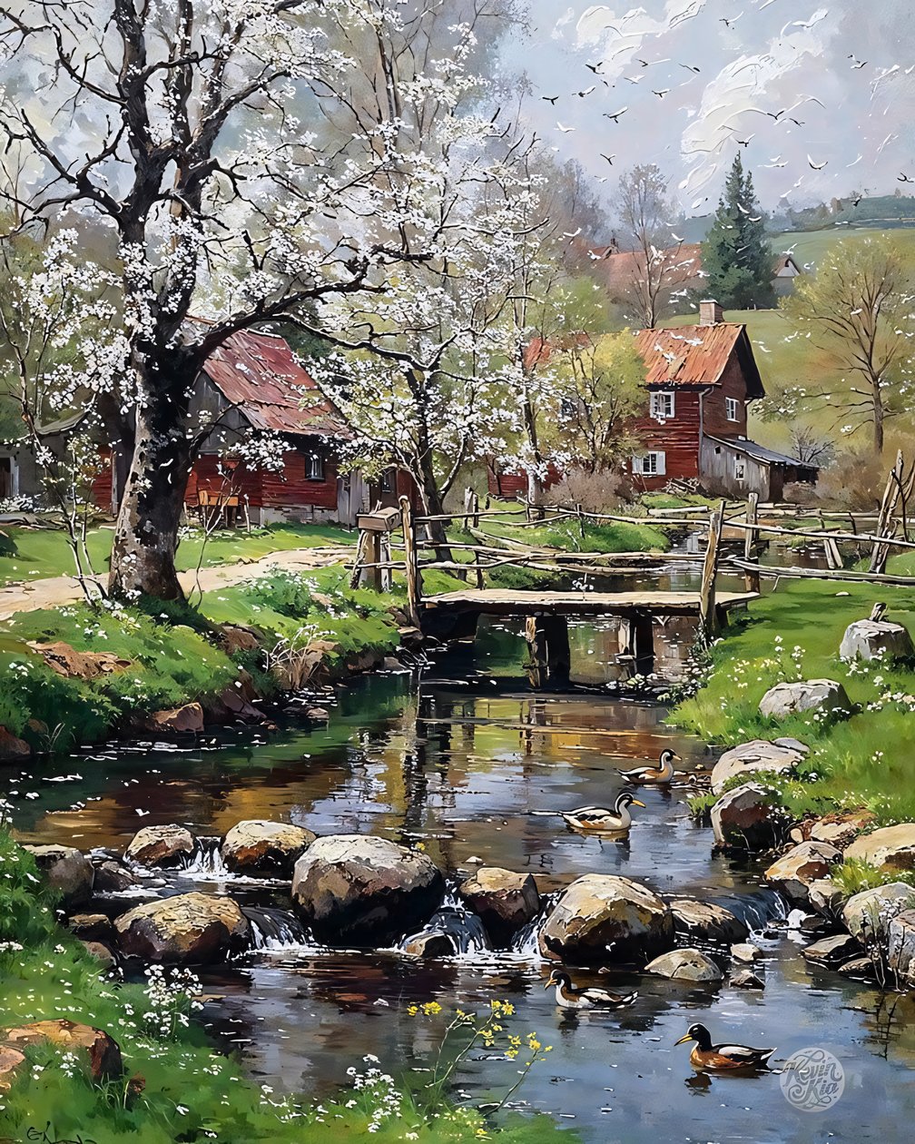 La cabaña del molino en primavera, óleo sobre lienzo, decoración de pared enmarcada de F. Abderrahim