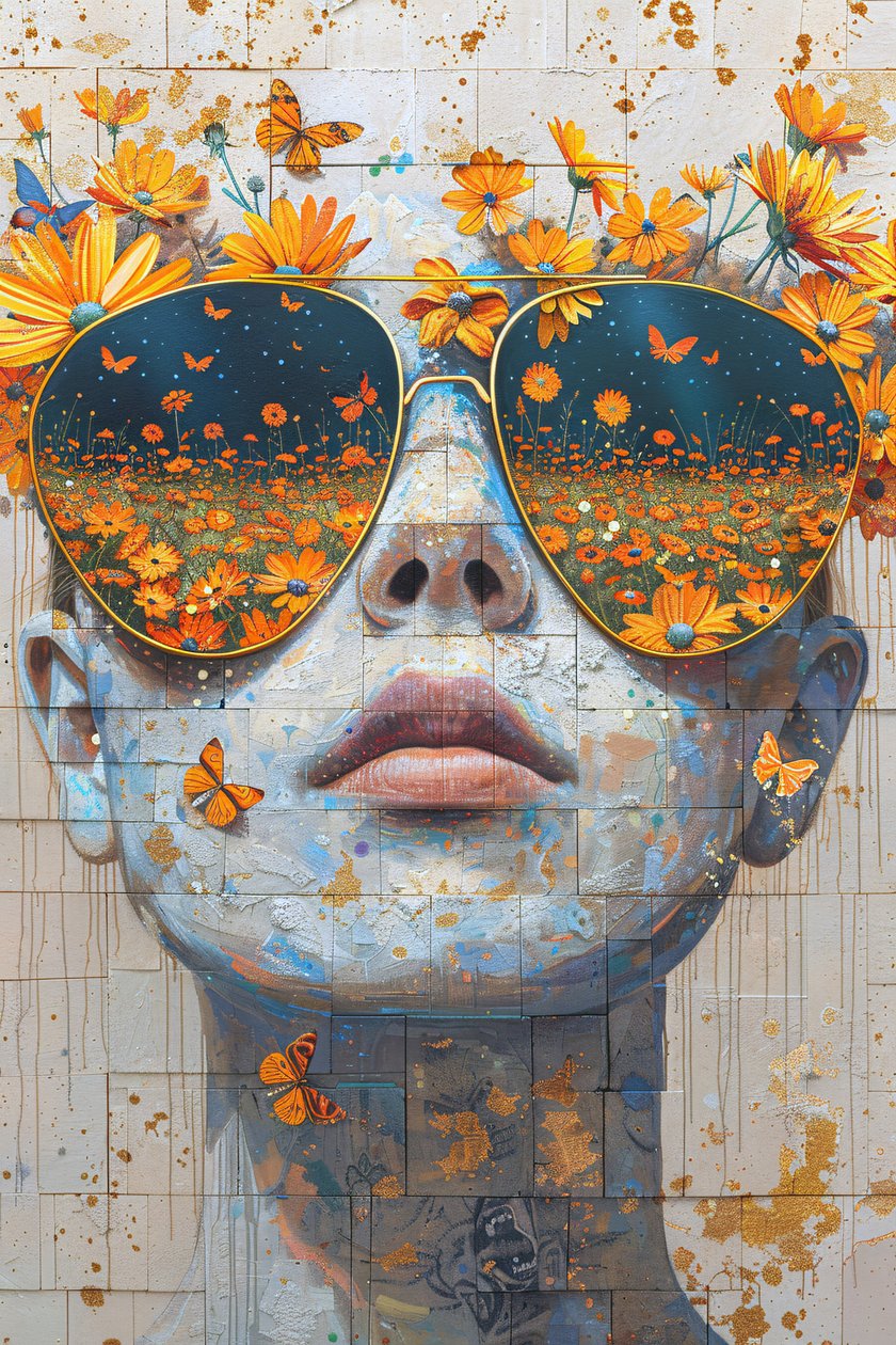 Cara de mujer de cerca con flores del Olimpo, decoración de pared moderna de F. Abderrahim