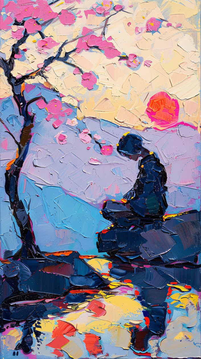 Mujer meditando bajo un árbol, pintura al óleo digital, decoración de pared moderna de F. Abderrahim