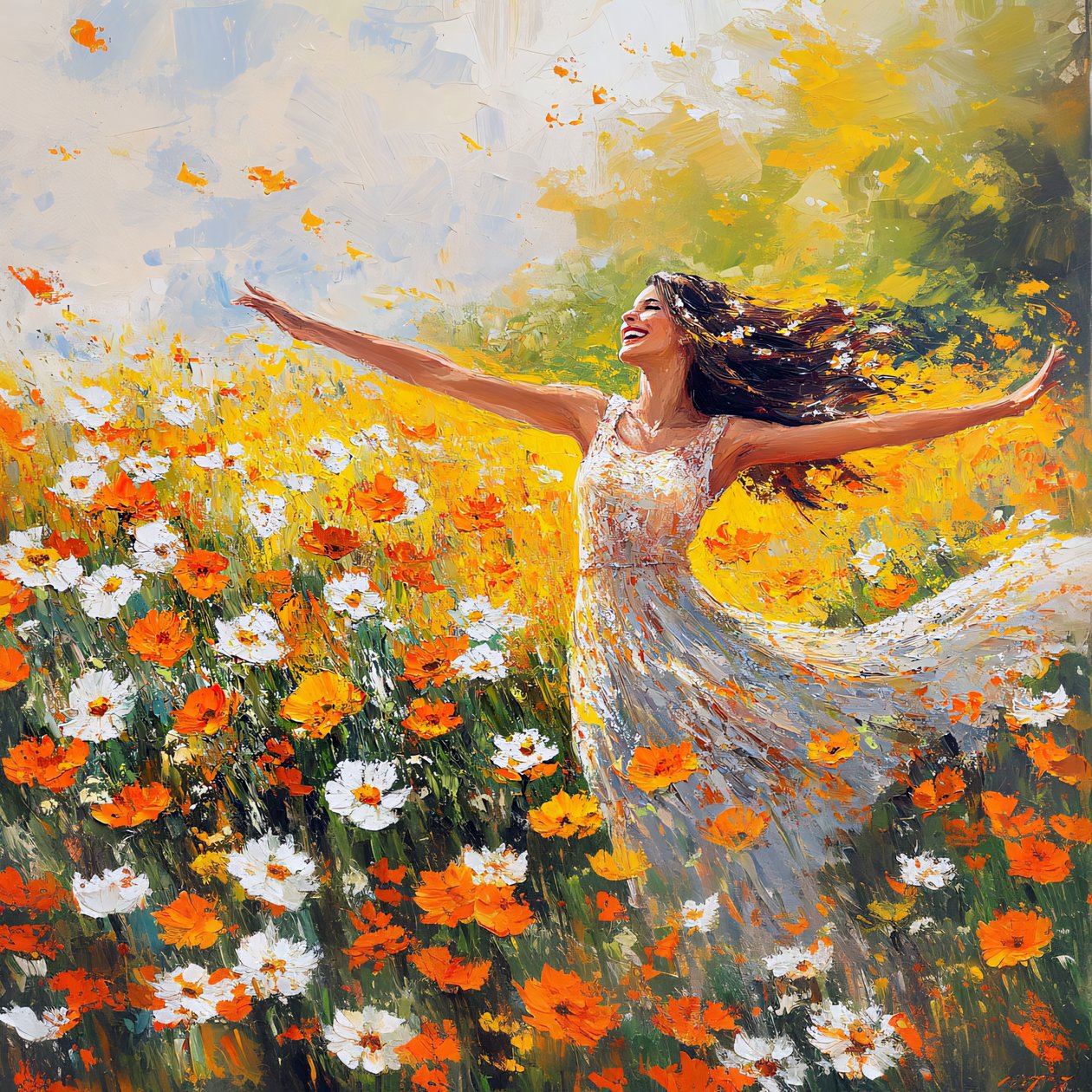 Mujer sonriendo y bailando en un prado de flores de F. Abderrahim