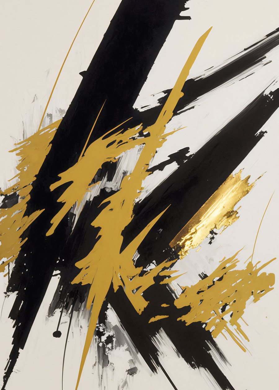 Pintura abstracta dorada y negra, pinceladas contemporáneas, impresiones en lienzo personalizadas online de F. Abderrahim