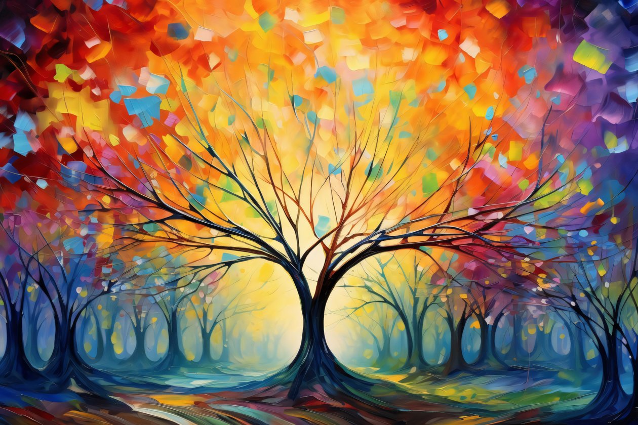 Pintura Acrílica Árbol Colorido. Pinceladas, Naturaleza  Paisaje Pósters  Impresiones de Arte de Pared de F. Abderrahim