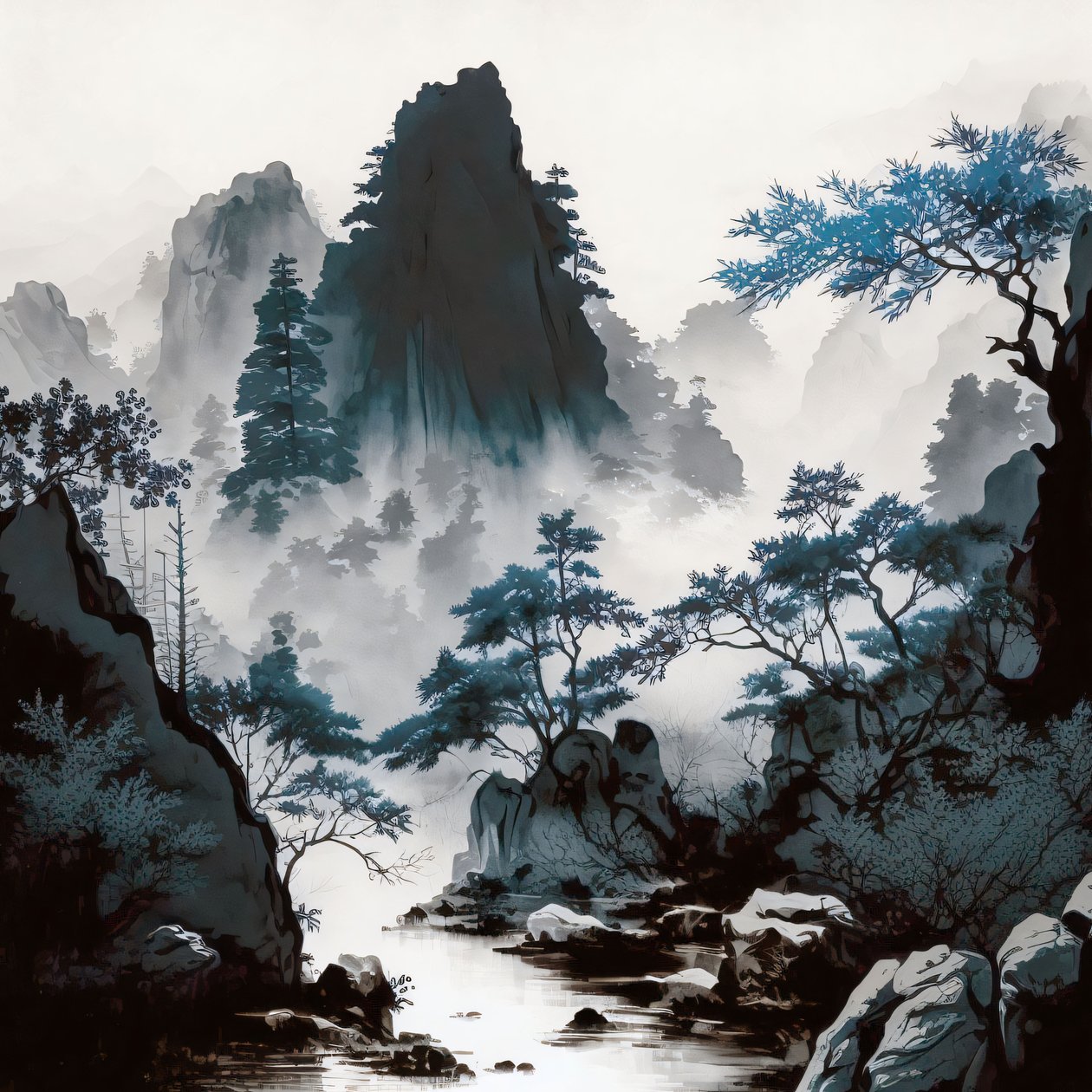 Cianotipo Montaña Río Niebla en estilo Shan Shui, decoración de pared para dormitorio de F. Abderrahim