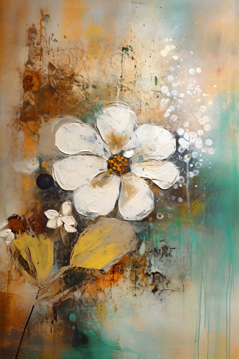Ballet Floral Textura Gruesa, Flores Ocre Amarillo Negro, decoración mural clásica de F. Abderrahim