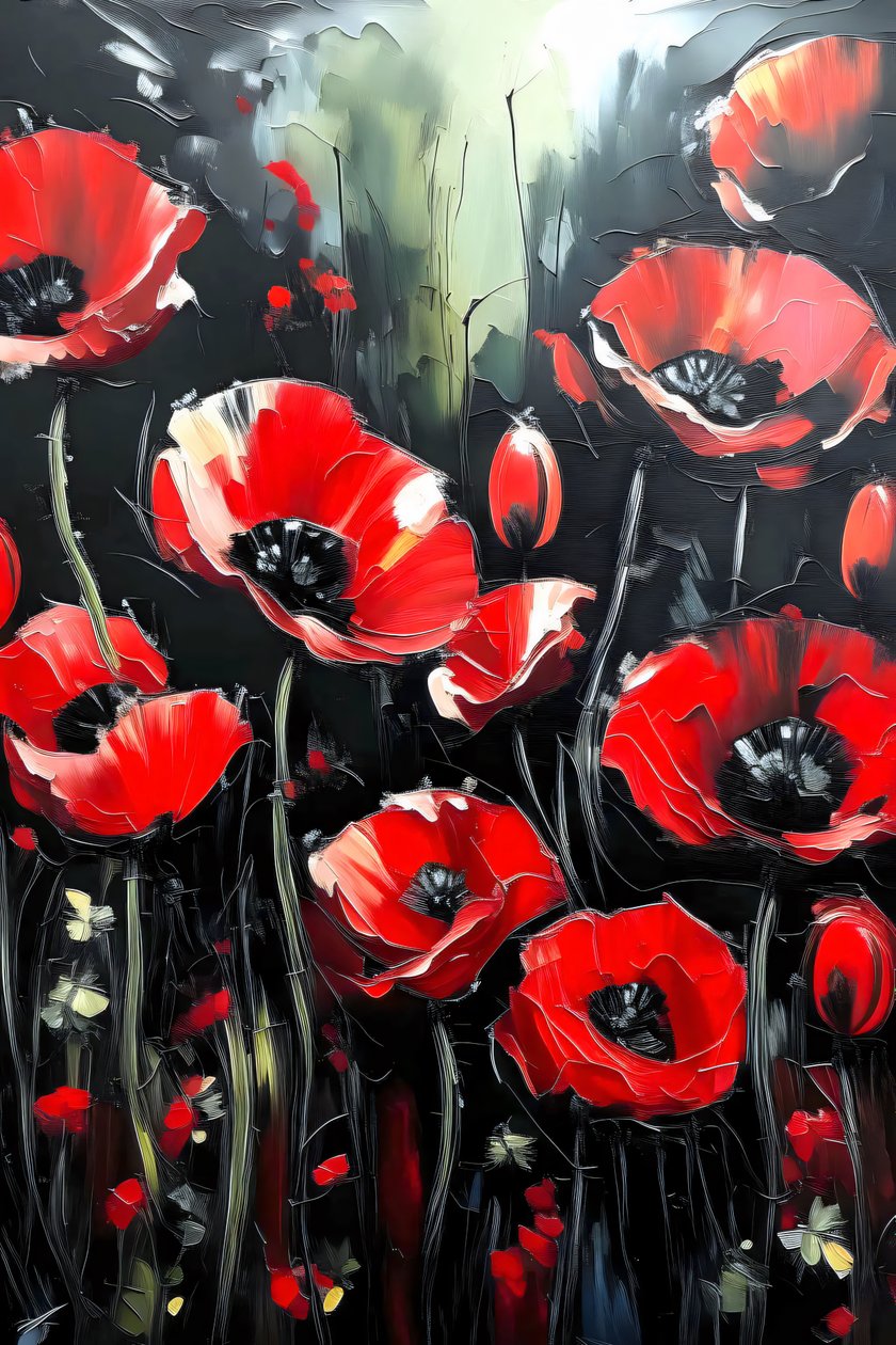 pintura a cuchillo, amapolas rojas vivas aplicadas en capas gruesas, impresiones de arte mural en línea de F. Abderrahim