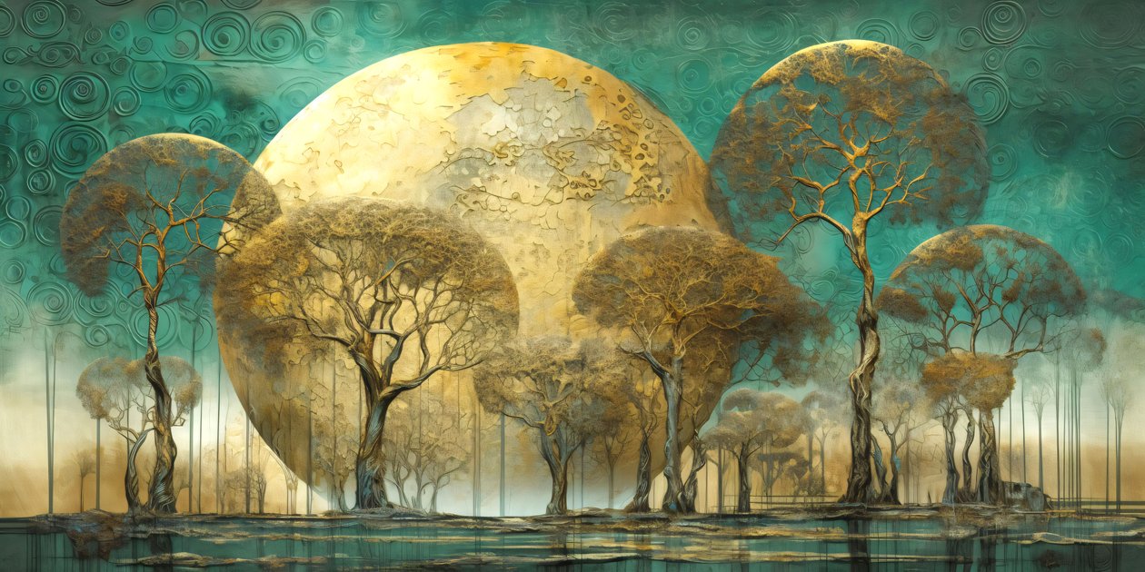 Paisaje arbóreo abstracto surrealista en tonos suaves, decoración de pared moderna de F. Abderrahim
