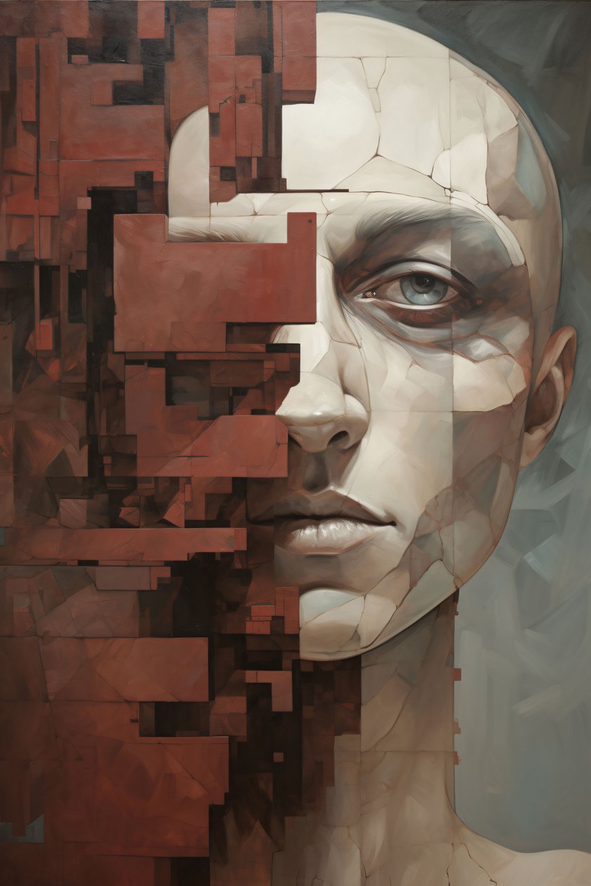 Pintura de un hombre con la cara y la pared rotas, impresión bajo demanda de F. Abderrahim