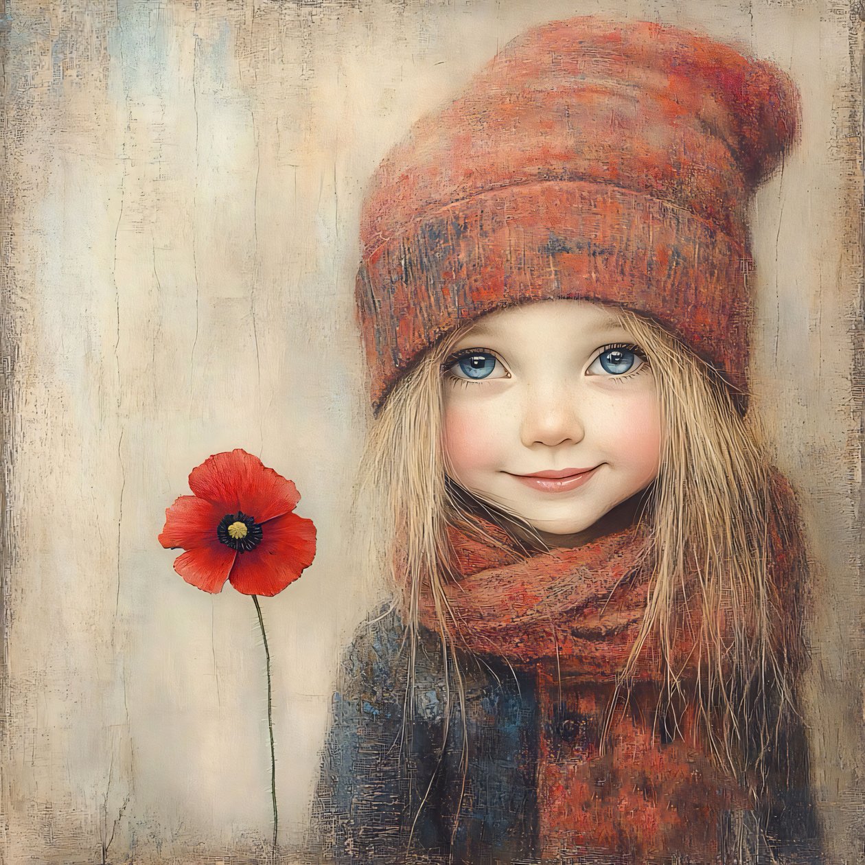 Una niña en un campo de amapolas con una imagen de una niña en una flor, pared Home Decor de F. Abderrahim