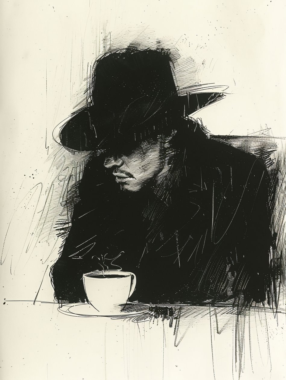 Dibujo minimalista negro de un hombre bebiendo café,decoración de pared | print on demand de F. Abderrahim