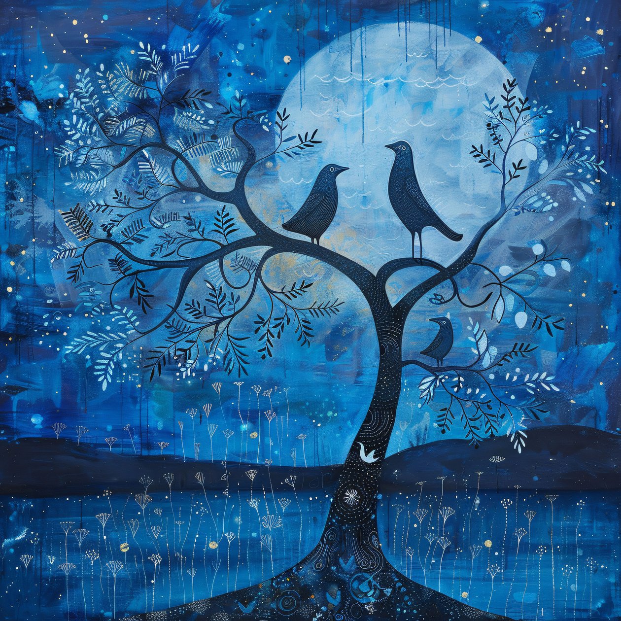 Luna azul y pájaro, Magia de la noche estrellada, Decoración moderna de pared | impresión bajo demanda de F. Abderrahim